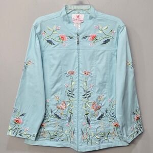 Quacker Factory Jacket Medium Pastel Blue Embroidered Floral Butterfly Retro Y2K